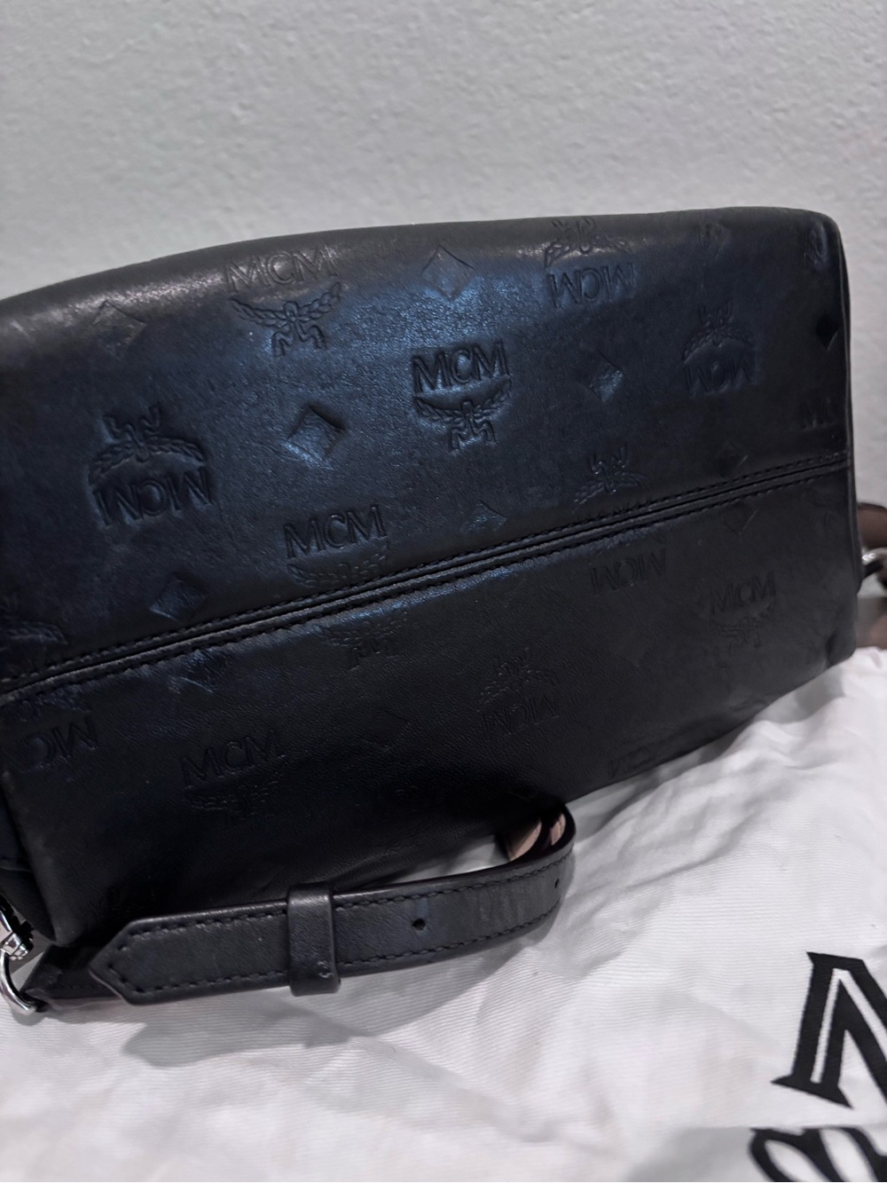 MCM Black Embossed Leather Drawstring Mini Backpack with Top Handle - Picture 5 of 9